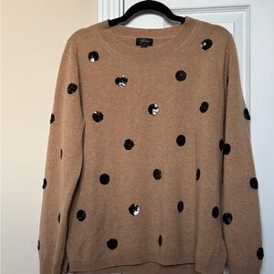 J. Crew Tan Cashmere Sweater with Black Sequin Polka Dots